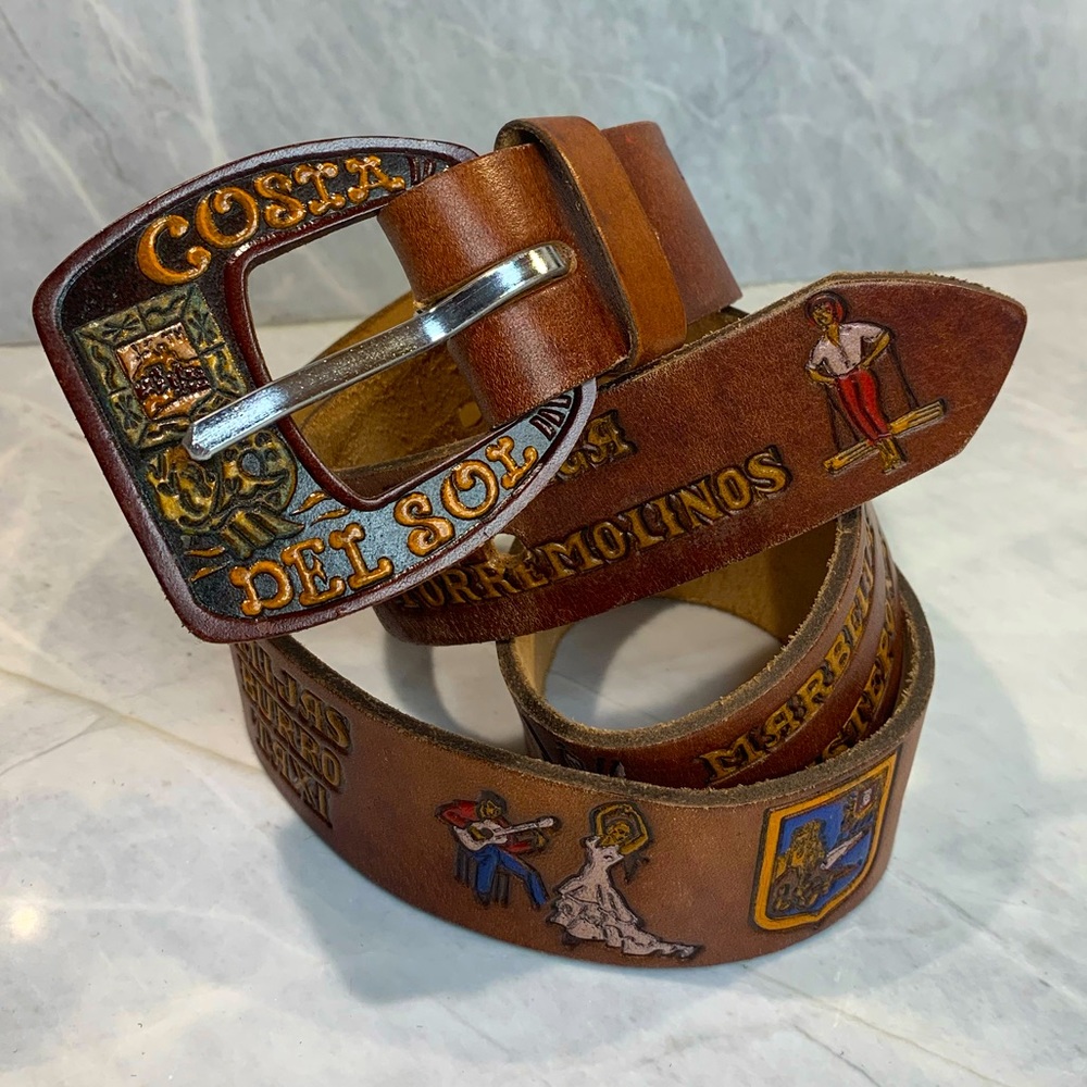 Hand tooled leather belt depicting Spanish imagery in colour & large buckle  36”